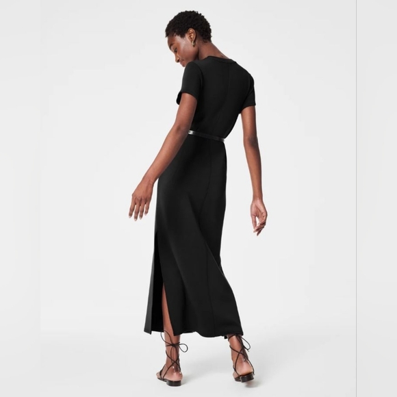 Spanx AirEssentials Maxi Dress Black Short Sleeve Side Slits Size Large Stretch - Picture 3 of 10